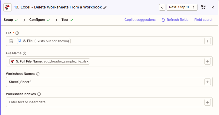 Cliquez pour agrandir Configuration Zapier de la suppression de feuilles de calcul Excel avec PDF4me : Fichier, Nom du fichier : add_header_sample_file.xlsx, Noms des feuilles de calcul : Sheet1, Sheet2, Index des feuilles de calcul